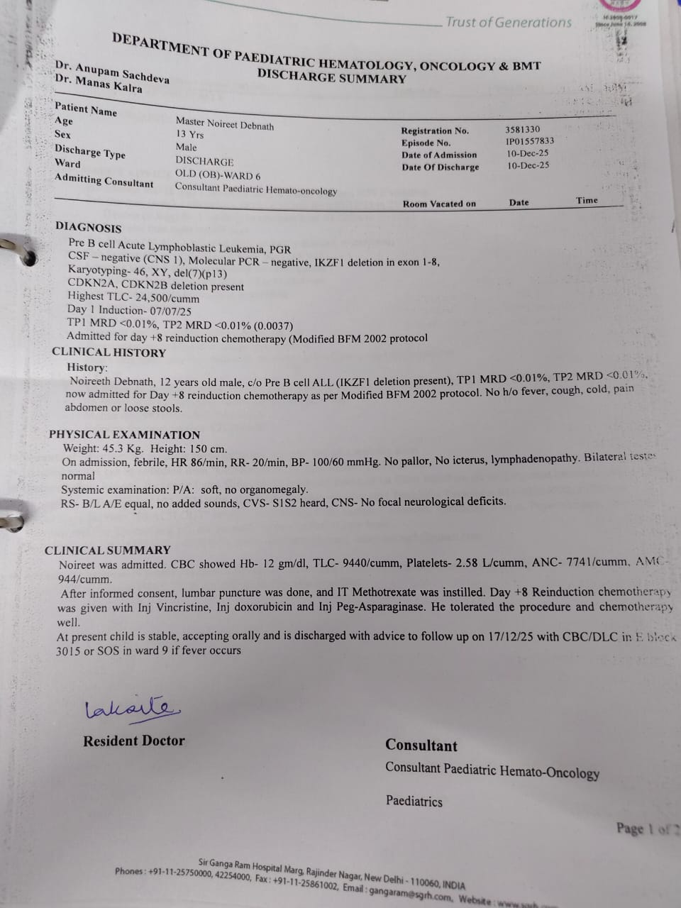 Discharge Summary of Noireet - Cancer patient saved by Dream Girl Foundation NGO